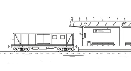 Line art illustration of a freight wagon on railway tracks at a public station platform, symbolizing efficient transport and the essential flow of logistics.