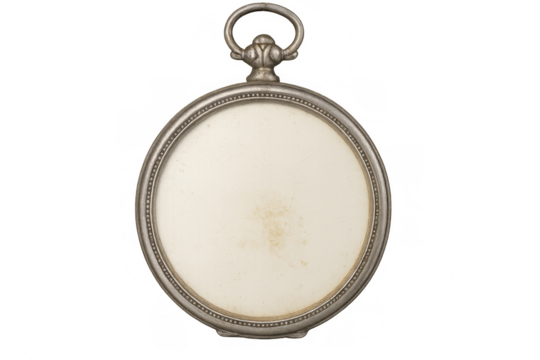 Close-up of an antique silver pocket watch with a transparent background, showcasing its empty face, perfect for adding custom images