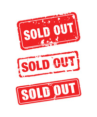 Three red grunge SOLD OUT rubber stamps convey immediate unavailability and limited stock status vector illustration