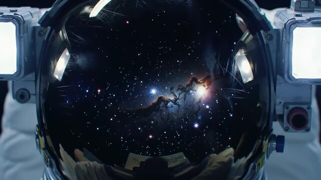 Astronaut helmet visor view of space nebula