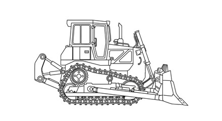 Naklejka premium A concept of a powerful tracked bulldozer illustration for industrial, construction, and engineering design projects. Detailed line art of heavy earth-moving machinery.