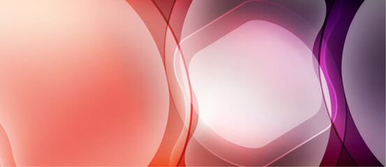Abstract background features overlapping translucent circles. Colors range from peach to purple, creating soft gradients. Smooth shapes suggest fluidity.