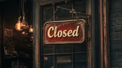 Closed sign hangs on shop window in quiet street at dusk, highlighting the charm of vintage storefronts