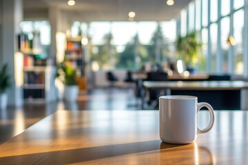 Spacious, empty open-space office featuring a desk with a computer, a coffee mug, and books, showcasing a clean and professional workspace environment, Generative AI
