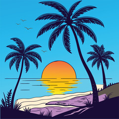 Tropical beach with palm trees vector Artwork