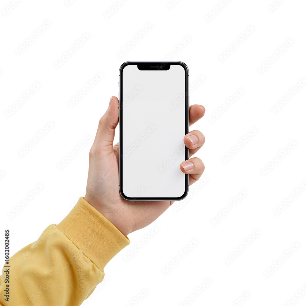 Poster hand elegantly presenting a modern smartphone with a pristine white screen display product