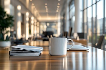 Spacious, empty open-space office featuring a desk with a computer, a coffee mug, and books, showcasing a clean and professional workspace environment, Generative AI