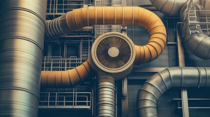 Industrial piping system with prominent ventilation fan in a manufacturing facility, showcasing modern engineering design and structure