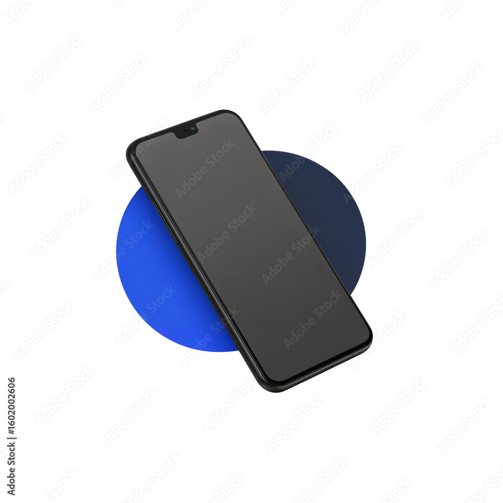 Poster modern mobile phone device floating above abstract circles on a transparent isolated surrounding