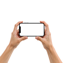 Person holding a modern frameless smartphone with a blank display on an isolated backdrop