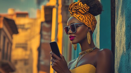 Stylish woman in vibrant attire using smartphone against colorful urban background during sunset