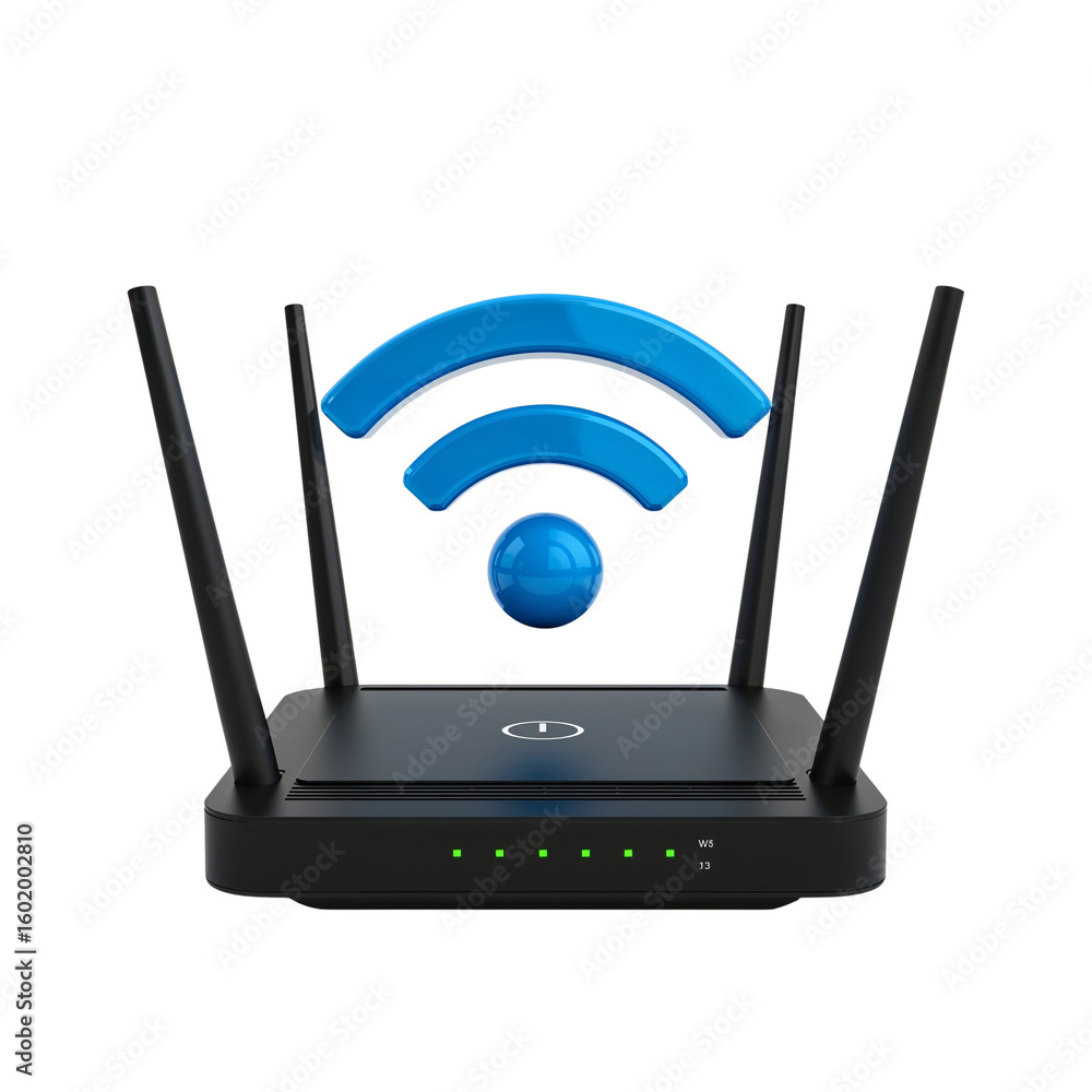 Poster wireless router illustration showcasing connectivity with a transparent digital network signal