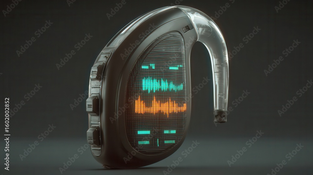 Poster futuristic in-ear audio device with illuminated display.