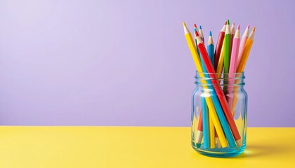Fototapeta premium A glass jar filled with colorful pencils, representing back to school supplies, creative art tools, education and learning, and vibrant stationery.