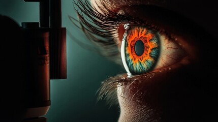 Close-up view of a human eye examination revealing vibrant colors and intricate details of the iris during a clinical assessment