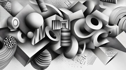 Abstract monochrome mural showcasing geometric shapes and patterns in a dynamic composition