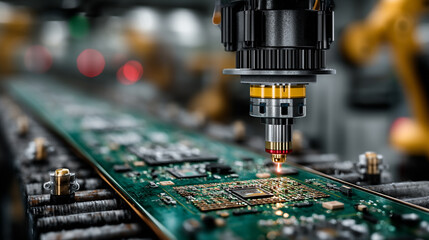 Manufacturing process of electronic circuit boards in a modern factory during daylight hours