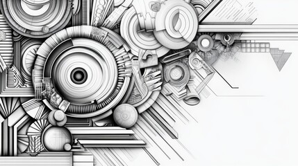 Abstract geometric design featuring concentric circles, lines, and shapes in a monochromatic color scheme