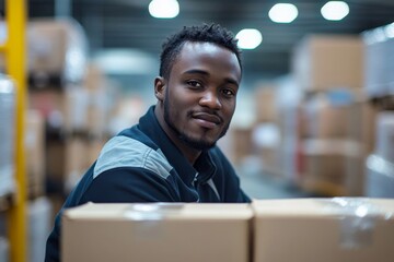 Male warehouse worker sealing cardboard boxes in a logistics environment, illustrating the essential role of packaging and shipment in global trade, Generative AI