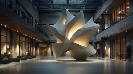 Modern architectural sculpture illuminated in a spacious art gallery setting showcasing contemporary design
