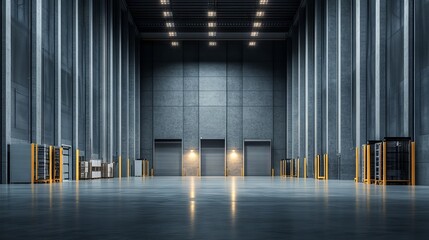 Spacious industrial warehouse with high ceilings and loading docks during the day