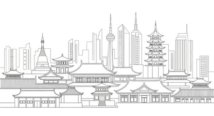 Asian Cityscape Line Art