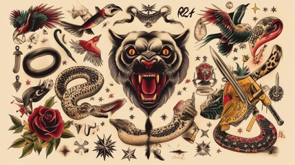 Vibrant collection of traditional tattoo designs featuring animals, symbols, and floral motifs