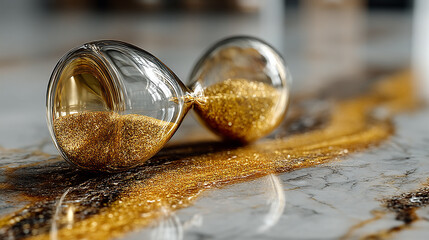 Sand flows through elegant hourglass on marble surface, capturing the passage of time in a luxurious setting