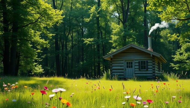 Tranquil Log Cabin in Sunny Forest Meadow with Wildflowers and Smoke Rising from the Chimney