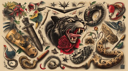 Colorful traditional tattoo art featuring a panther, roses, and various motifs on a beige background