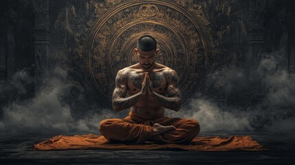 Meditating man in traditional attire with tattoos against an ornate background in a tranquil setting