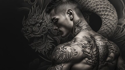 Intricate dragon tattoo artistry showcased on muscular back of man in dramatic light setting