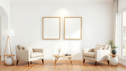 Fototapeta premium Minimalist living room with two armchairs and blank picture frames