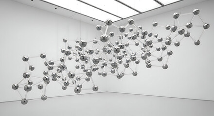 A modern art installation of interconnected spheres suspended in a white gallery space.