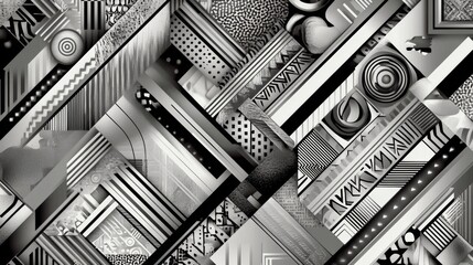 Geometric patterns in shades of black and white create a striking abstract design suitable for contemporary art lovers
