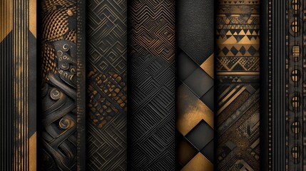 Decorative textured patterns in black and gold showcasing intricate designs and craftsmanship
