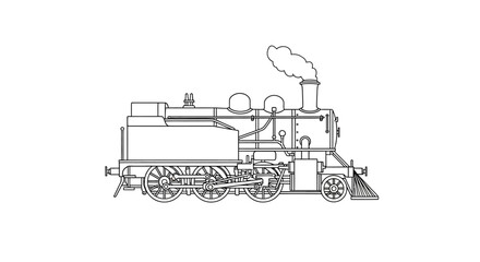 Outline illustration of a historic steam train. Detailed line art of an old locomotive engine, representing railway transport and industrial heritage.