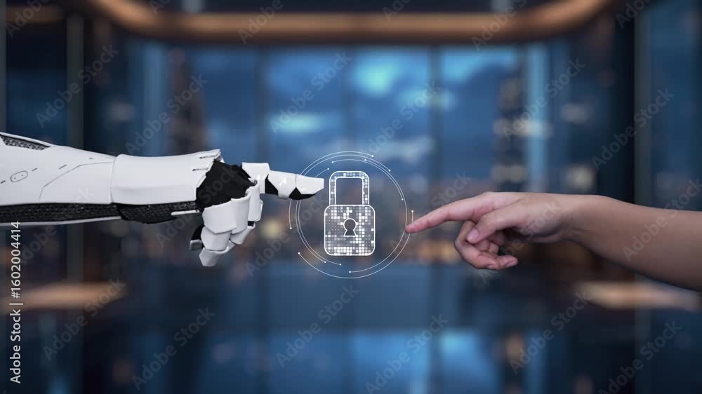 Poster this video features a robotic hand interacting with a digital lock and security icons, symbolizing a