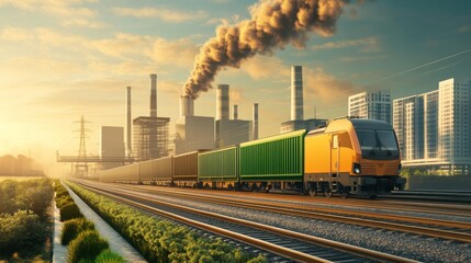 Freight train travels along tracks near industrial area at sunset with smoke rising from power plants