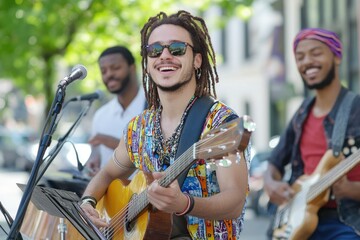 Diverse street musicians performing outdoors