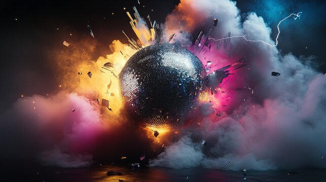 Explosive disco ball surrounded by colorful clouds and dynamic lighting during a vibrant celebration at night - Powered by Adobe