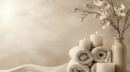 Relaxing spa setting with rolled towels, candles, and decorative branches