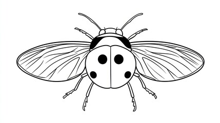 A simple, outlined ladybug with six tiny legs and wide, detailed wings, on a page for coloring for kids, set against a white background. coloring book page