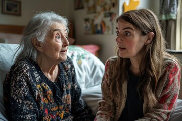 Health visitor speaking with a senior woman sitting on her bed at home, providing comfort and care as part of her ongoing healthcare routine, Generative AI