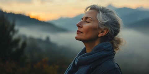 Senior woman practicing breathing exercises outdoors during the early morning hours, surrounded by fog and mountains. This scene emphasizes the calming effects of nature on physical, Generative AI