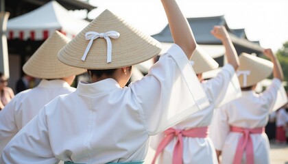 People in traditional white kimonos and straw hats with one arm raised, participating in a traditional Japanese dance or festival, cultural performance, outdoor event, and group celebration.