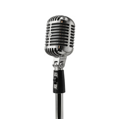 Classic chrome vintage microphone on a stand, isolated transparent background.