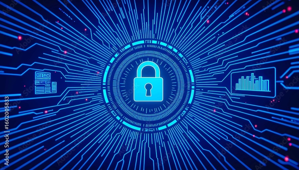 Poster cybersecurity digital lock protects global network data information systems