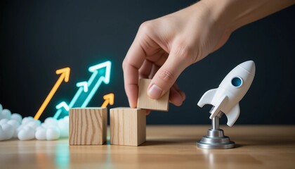 A hand stacking wooden blocks next to a toy rocket, symbolizing business growth and startup success, strategic planning for progress, launching new ventures, and achieving business goals.