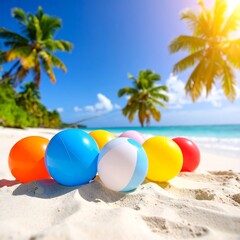 Obraz premium Colorful beach balls on a tropical sandy beach